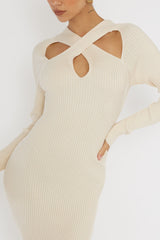 One Mind Cut-Out Neckline Knit Midi Dress Cream