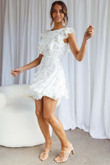 Wilton Ruffle Shoulder A-Line Dress Floral Twig Print White