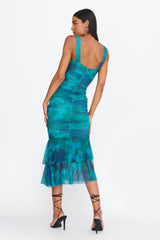 Nadia Ruched Fishtail Midi Dress Abstract Green