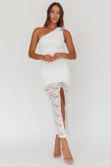 Lingering Love One-Shoulder Split Midi Dress Lace White