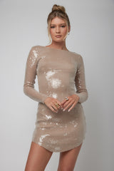 Karma Long Sleeve Keyhole Back Sequin Dress Nude