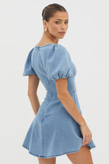 New Heights Puff Sleeve Mini Dress Denim Blue