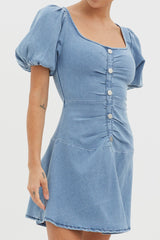 New Heights Puff Sleeve Mini Dress Denim Blue