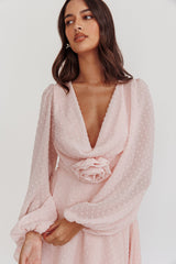 Open Heart Long Sleeve Rosette Mini Dress Baby Pink