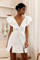 Liardon Bubble Sleeve V-Neckline Mini Dress White