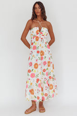 Asiah Gathered Bust Halterneck Maxi Dress Floral White