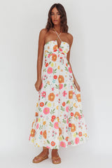 Asiah Gathered Bust Halterneck Maxi Dress Floral White
