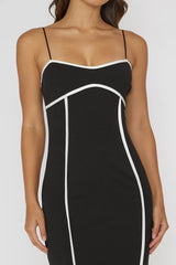 Justyna Contrast Piping Trim Midi Dress Black