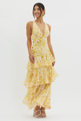Veda Strappy Back Ruffle Midi Dress Floral Yellow