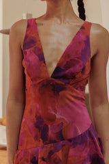 Veda Strappy Back Ruffle Midi Dress Dark Rose