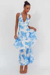 Veda Strappy Back Ruffle Maxi Dress Roses Blue
