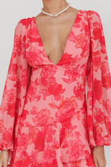 Veda Long Sleeve Floral Tiered Ruffle Maxi Dress Pink