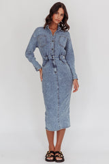 Light Inside Long Sleeve Midi Dress Denim Blue