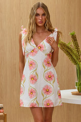 Mykonos Morning Tied Shoulder Mini Dress Flowers White