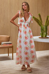 Equator Tied Shoulder Shirred Maxi Dress Floral Pink