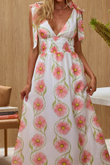 Equator Tied Shoulder Shirred Maxi Dress Floral Pink