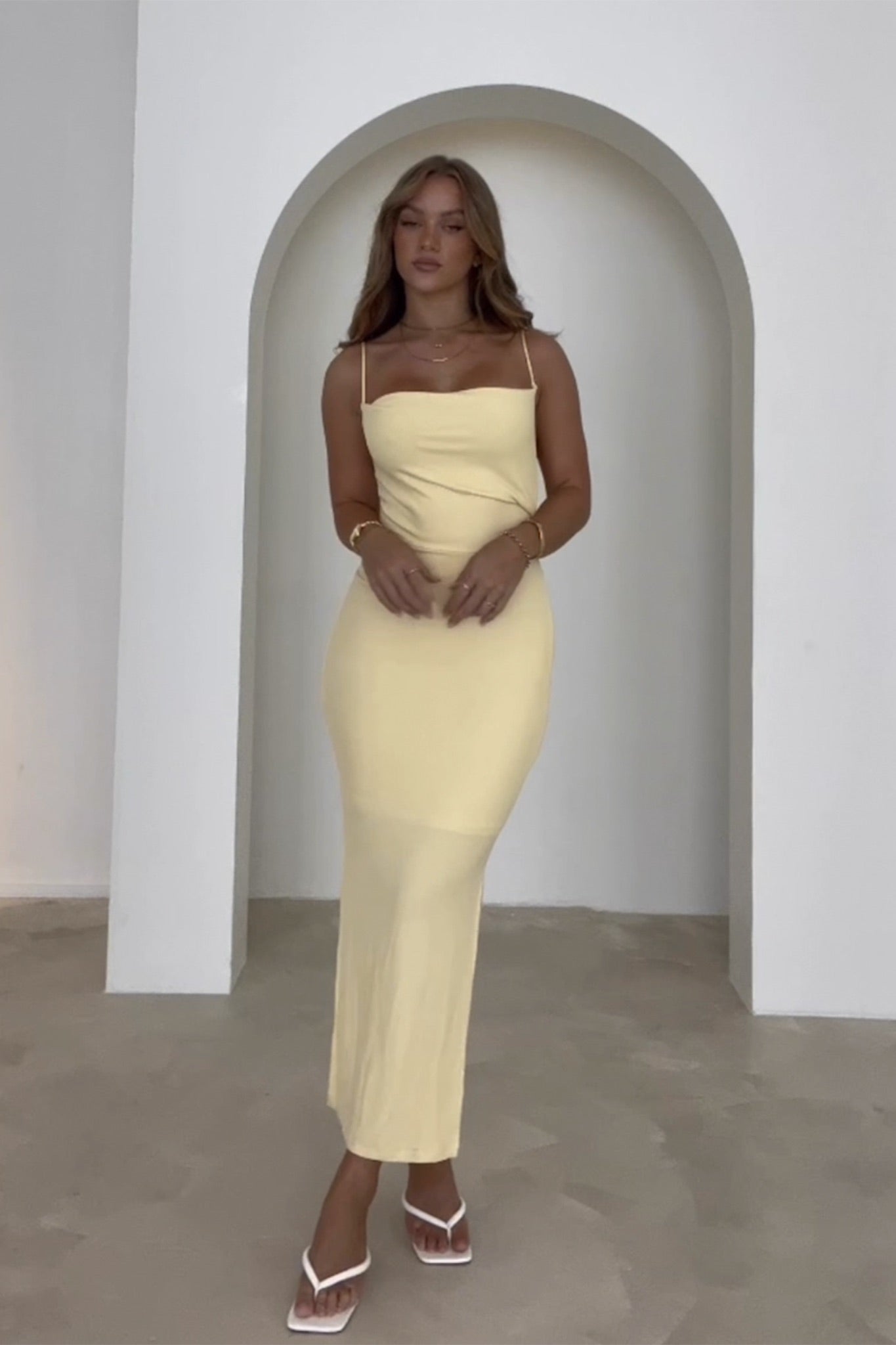 Frieda Cowl Neck Side Split Ribbed Midi Dress Yellow