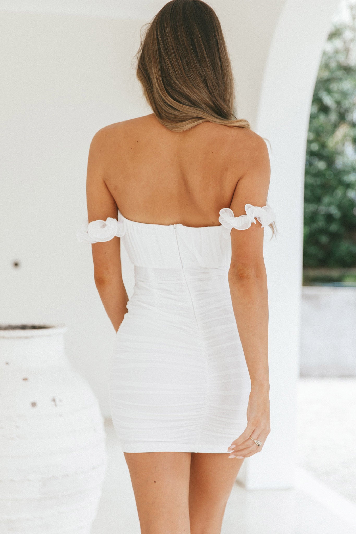 Senorita Off-Shoulder Lettuce Edge Detail Ruched Mini Dress White