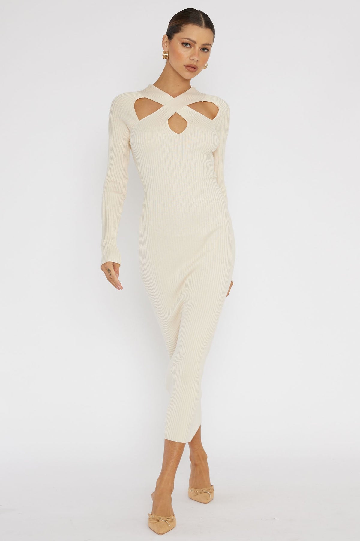 One Mind Cut-Out Neckline Knit Midi Dress Cream