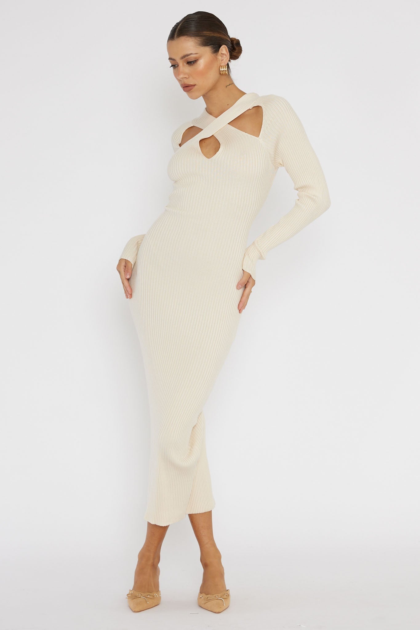 One Mind Cut-Out Neckline Knit Midi Dress Cream