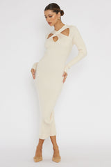 One Mind Cut-Out Neckline Knit Midi Dress Cream