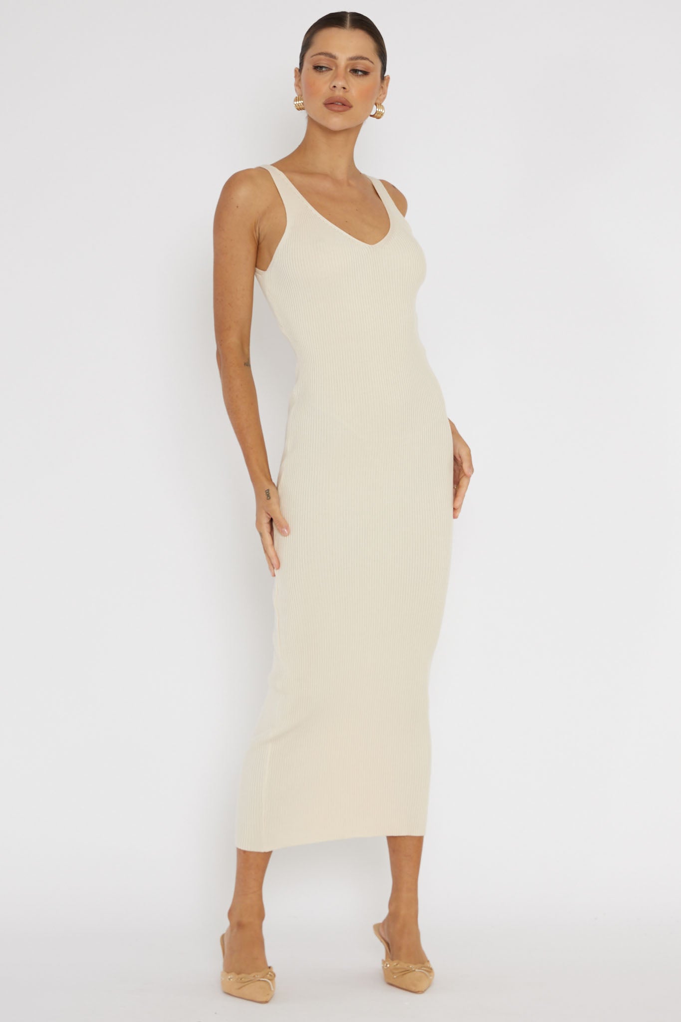 Linzi Lace-Up Back Knit Midi Dress Cream