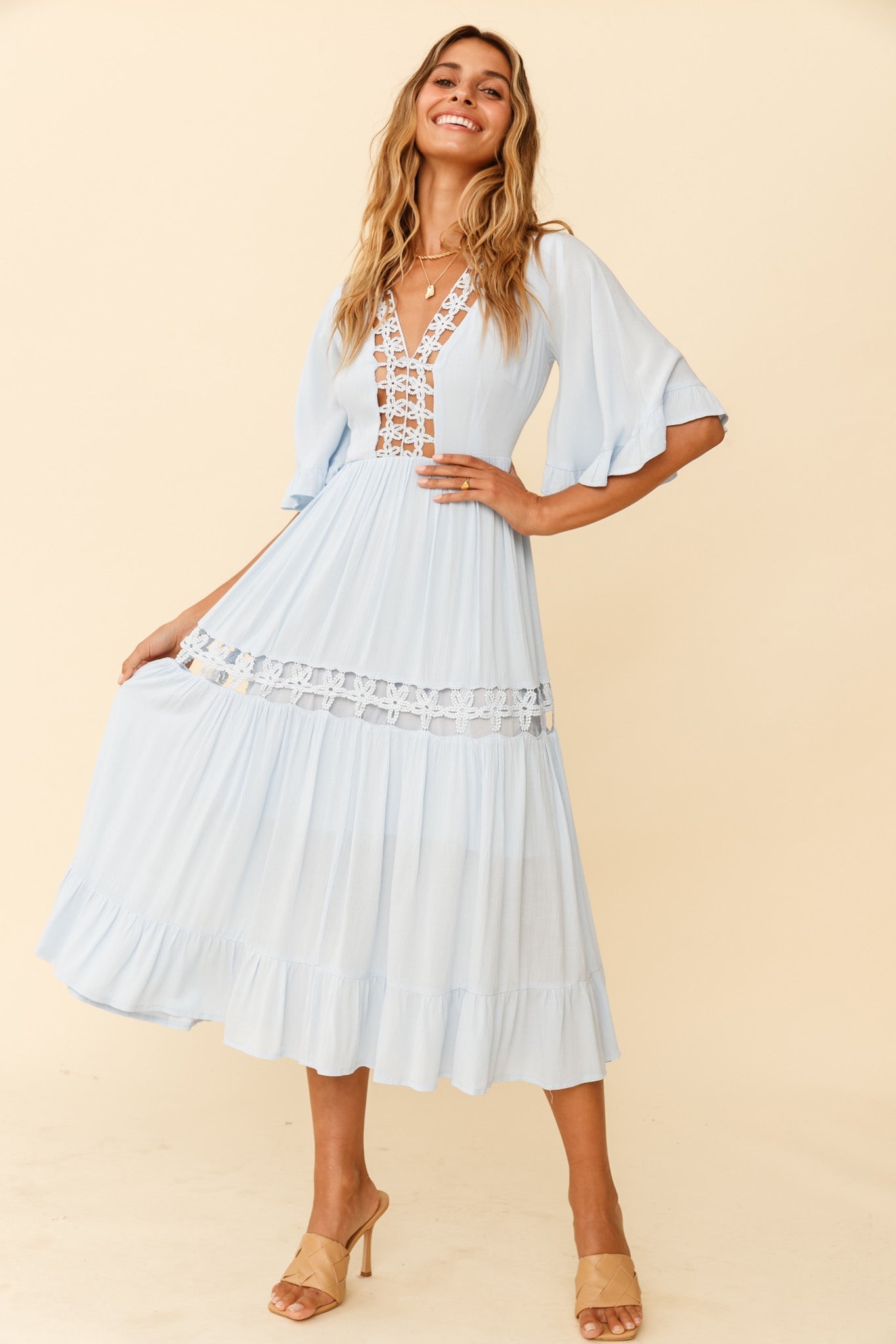 Feeling Groovy Bell Sleeve Crochet Trim Maxi Dress Ice Blue