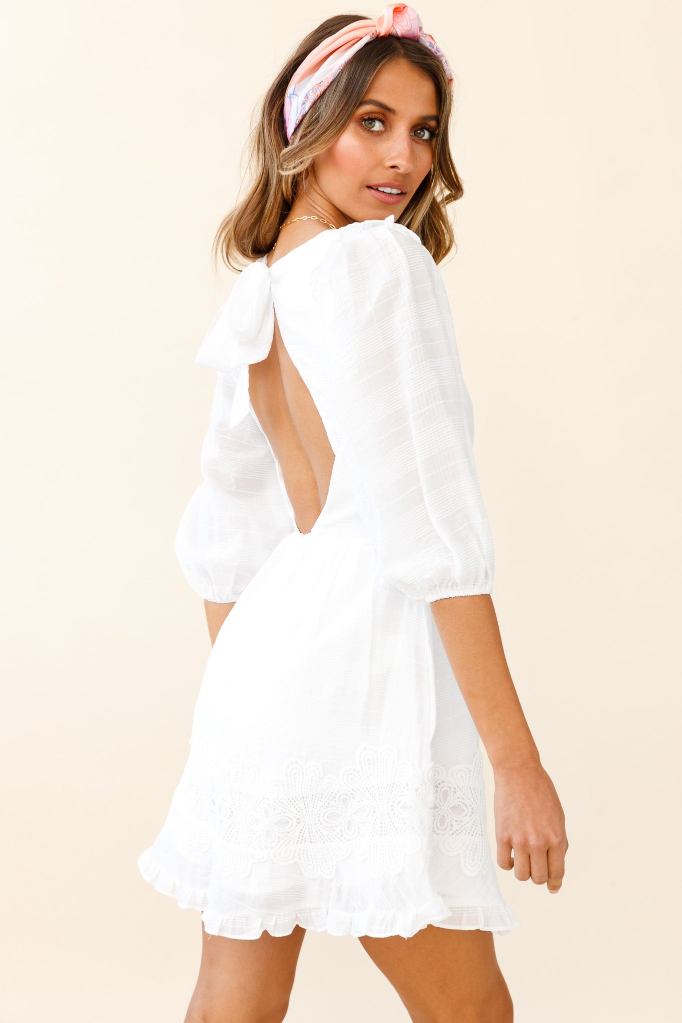 Sunday Morning Applique Embellished Open Back Dress White