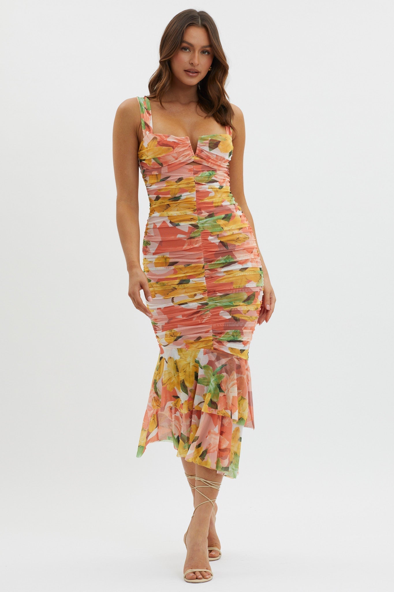 Nadia Ruched Fishtail Midi Dress Floral Orange