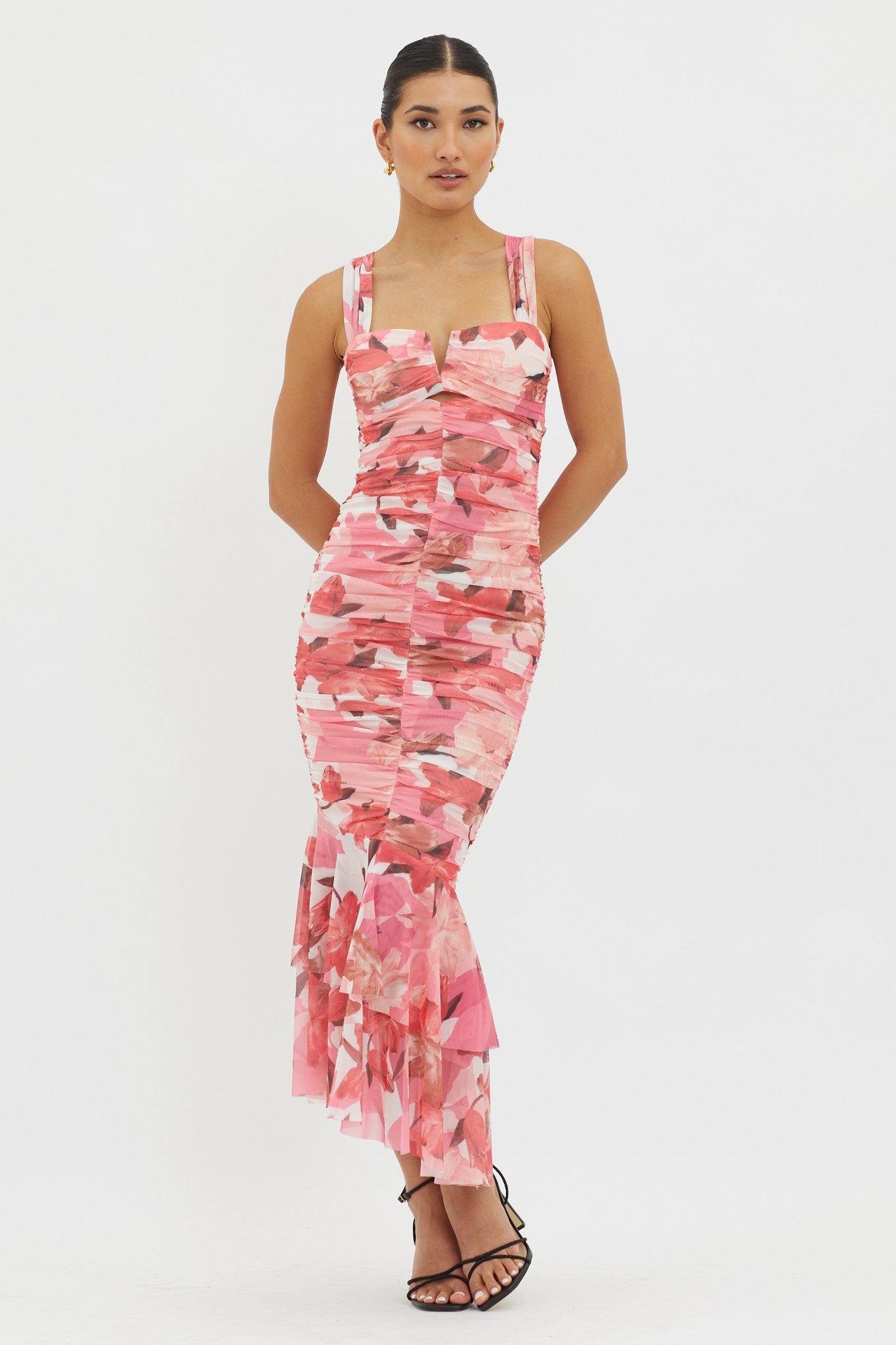 Nadia Ruched Fishtail Midi Dress Floral Pink