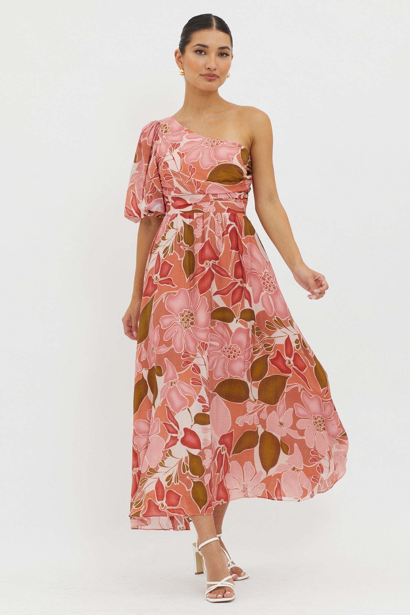 Jayni Puffed One Shoulder Midi Dress Red