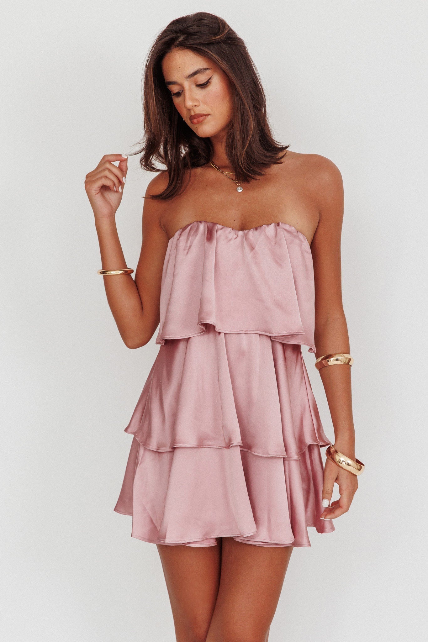 Behati Tiered Layer Strapless Dress Dusty Rose