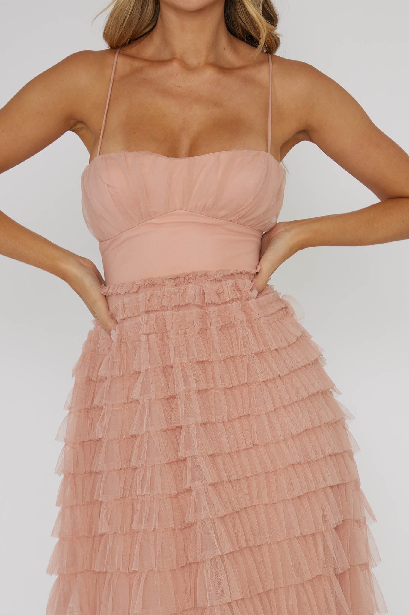 Garden Party Tiered Frill Midi Dress Blush