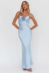 High Roller Cowl Back Rosette Maxi Dress Blue