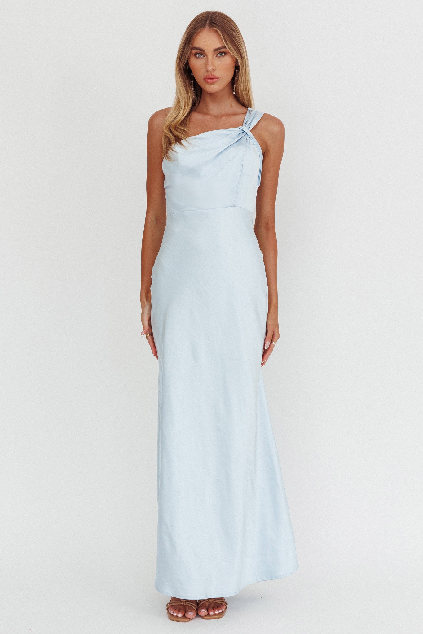 Fly Love Satin One Shoulder Maxi Dress Sky Blue