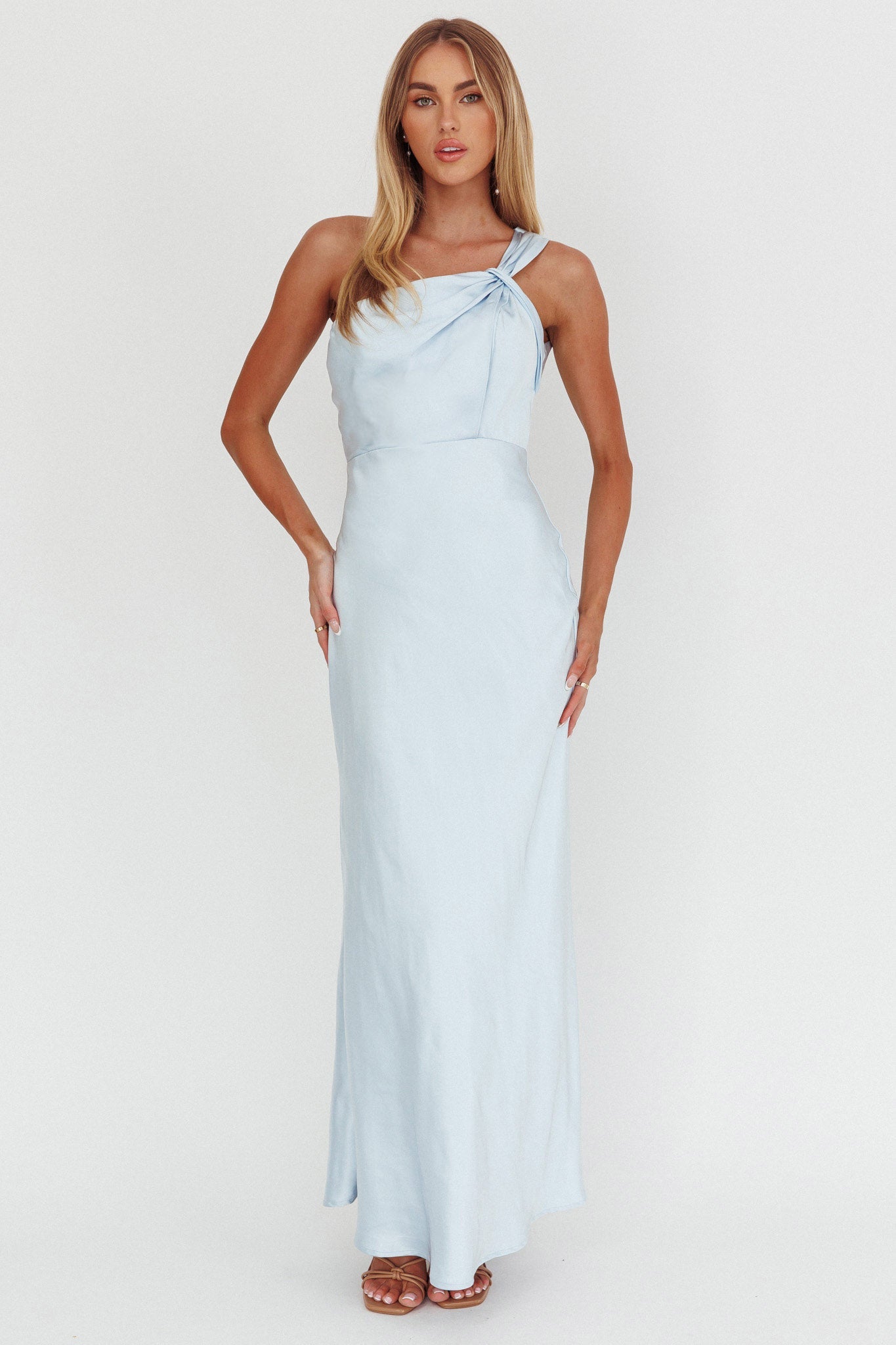 Fly Love Satin One Shoulder Maxi Dress Sky Blue