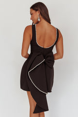 Opulent Pearl Trim Oversized Bow Mini Dress Black