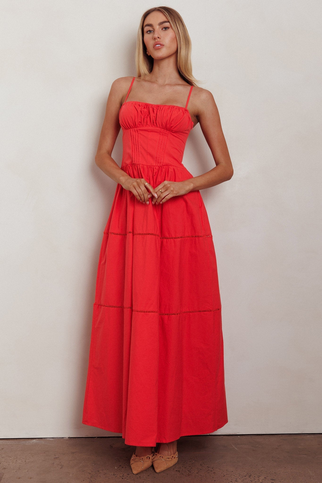 Heavenly Glow Gathered Bust A-Line Maxi Dress Red