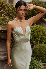 Encore Strapless Satin Maxi Dress Olive