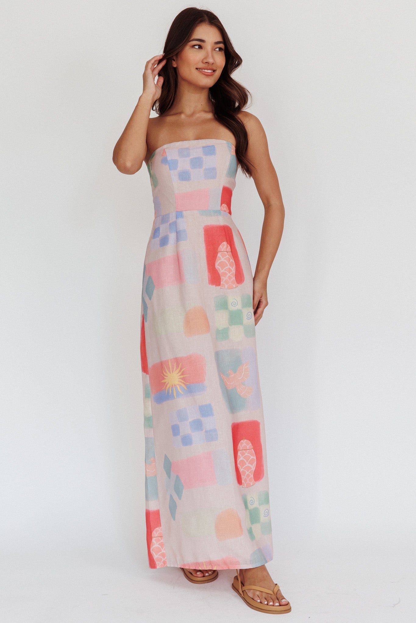 Eastern Sun Strapless Abstract Print Maxi Dress Multi