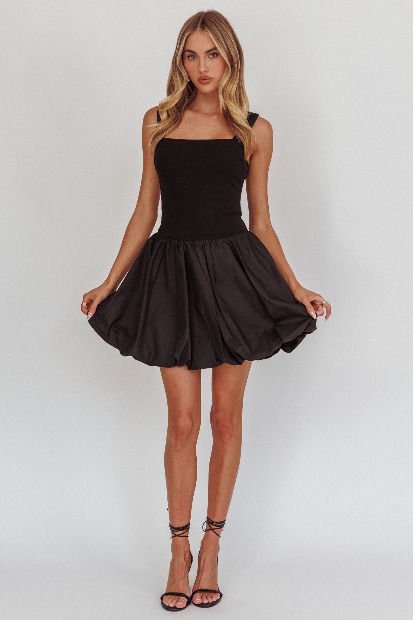 Like Art Square Neck Bubble Mini Dress Black