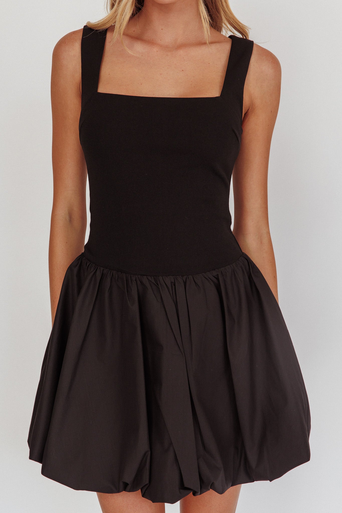 Like Art Square Neck Bubble Mini Dress Black