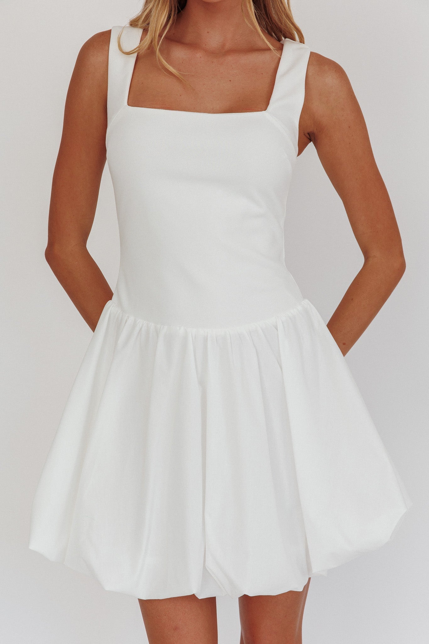 Like Art Square Neck Bubble Mini Dress White