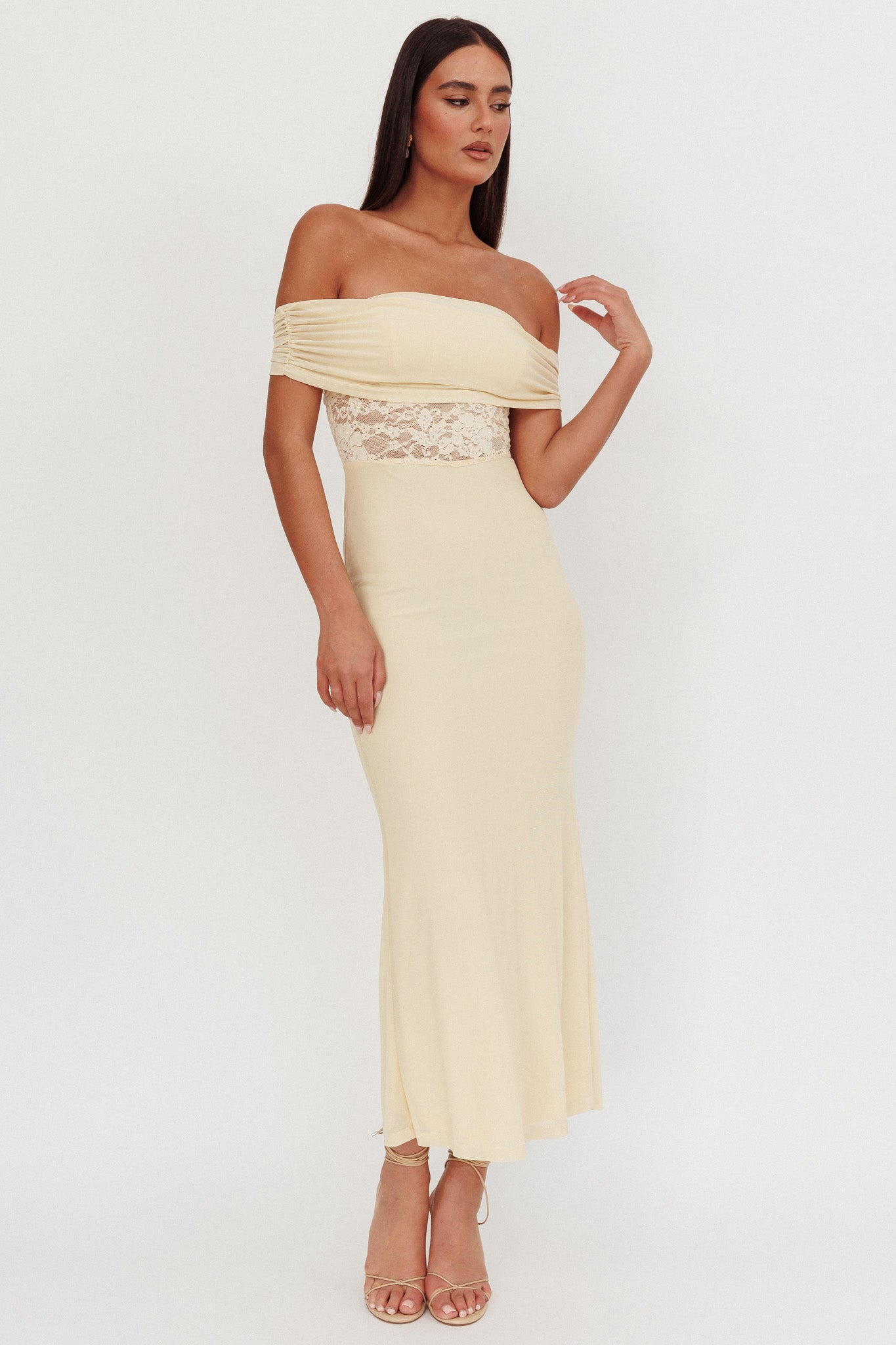 Flutters Off-Shoulder Lace Insert Maxi Dress Cream