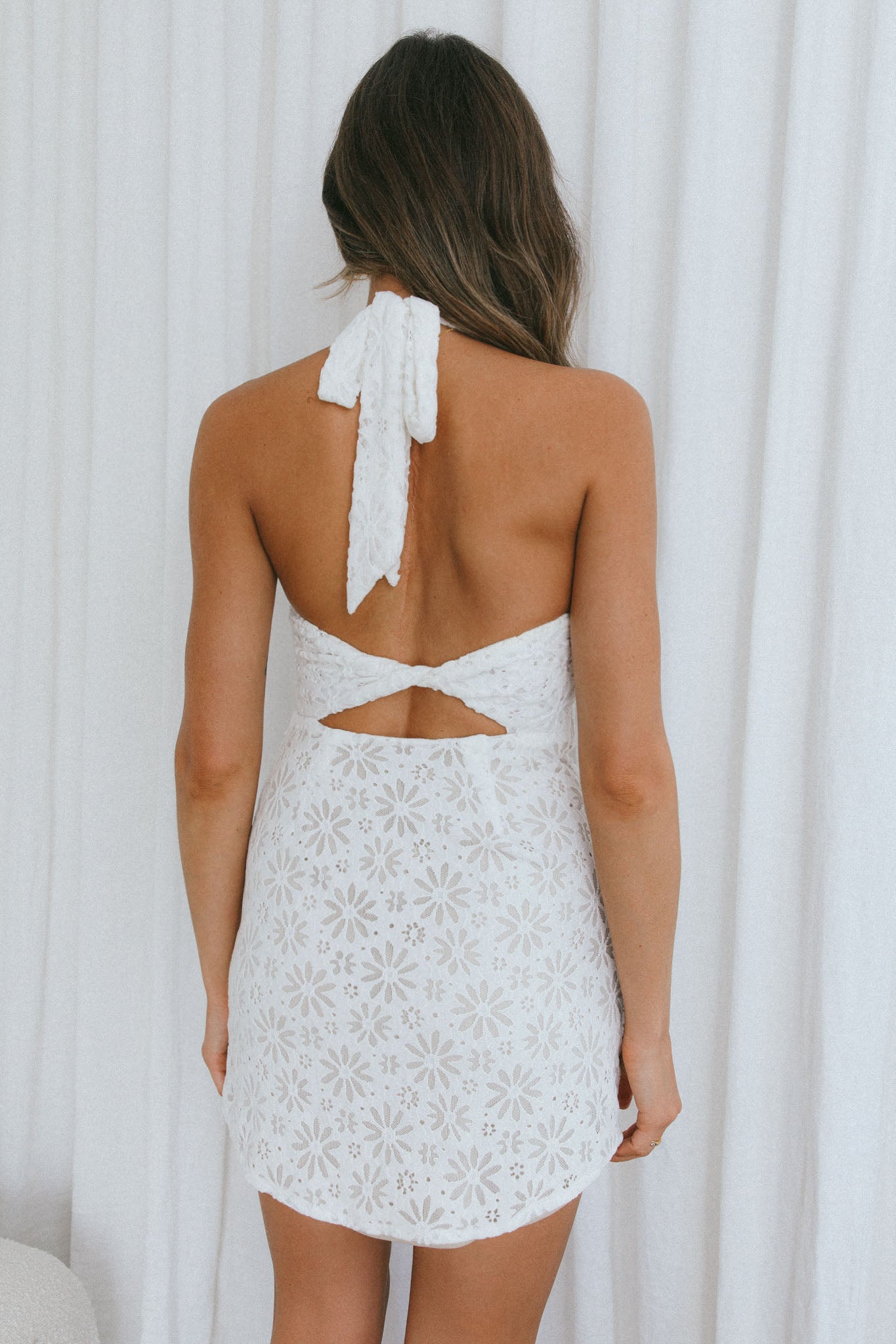 Sonoma Halterneck Faux Wrap Mesh Mini Dress Floral White