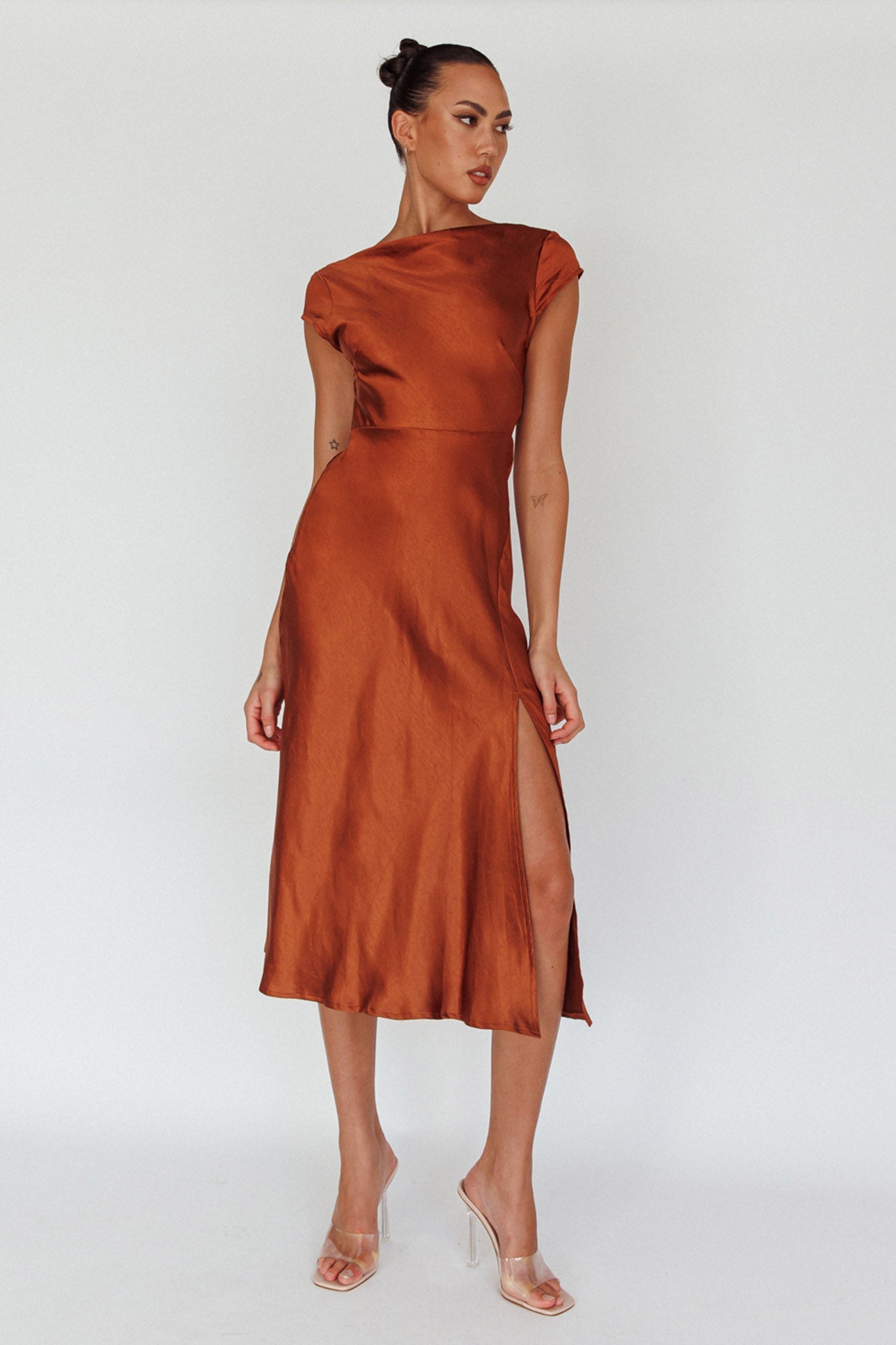 Lucinda Twist Back Midi Dress Brown