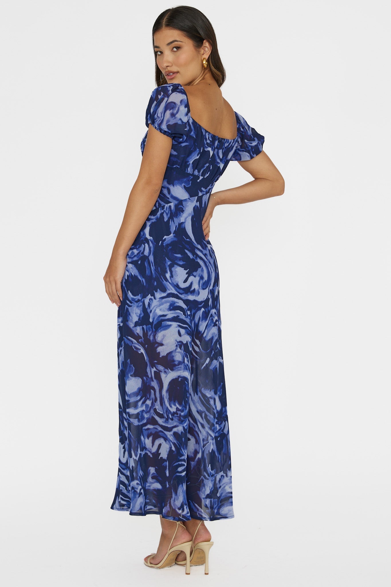 Park Avenue Puff Sleeve Midi Dress Print Blue
