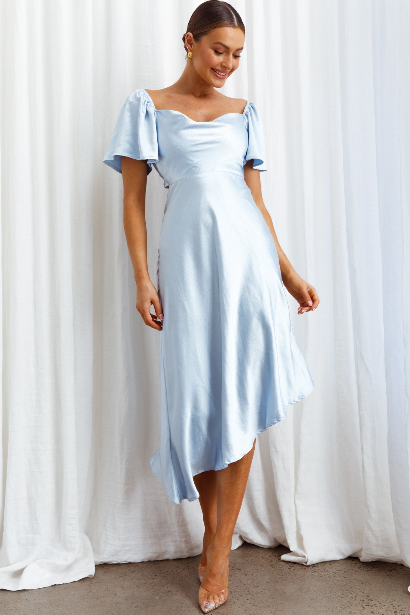 Grayson Tied Back Asymmetrical Midi Dress Steel Blue
