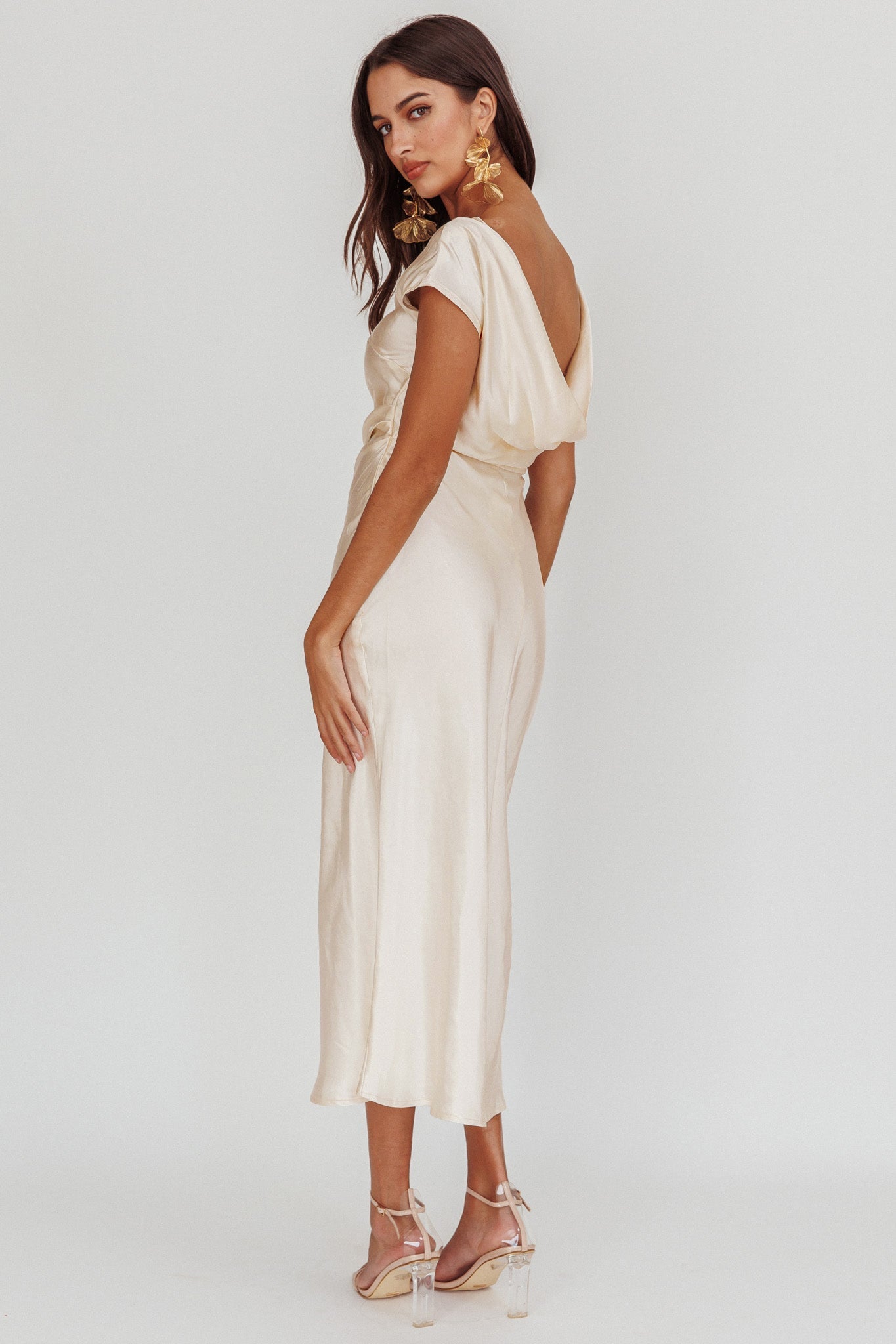 Loveland Cap Sleeve Cowl Back Midi Dress Oyster