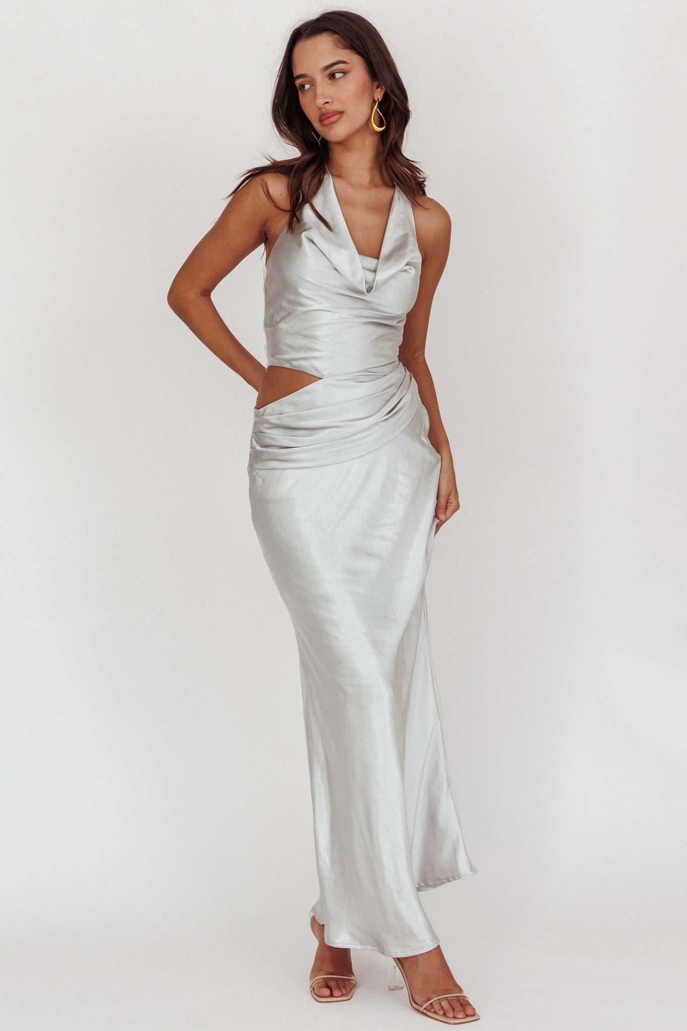 Cassiopeia Cowl Halter Neck Cut Out Maxi Dress Opal